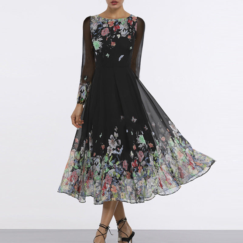 Damen Elegantes Blumen-Maxi-Kleid mit transparenten Ärmeln und fließendem Schnitt WW