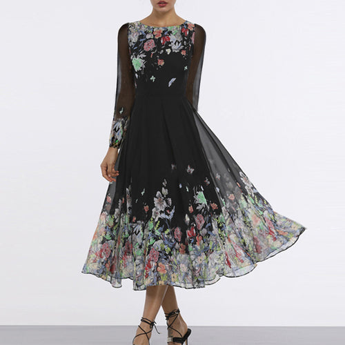 Damen Elegantes Blumen-Maxi-Kleid mit transparenten Ärmeln und fließendem Schnitt WW