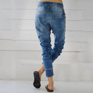 Damen bequeme Denim-Haremshose mit elastischem Bund und lässigem Schnitt WW