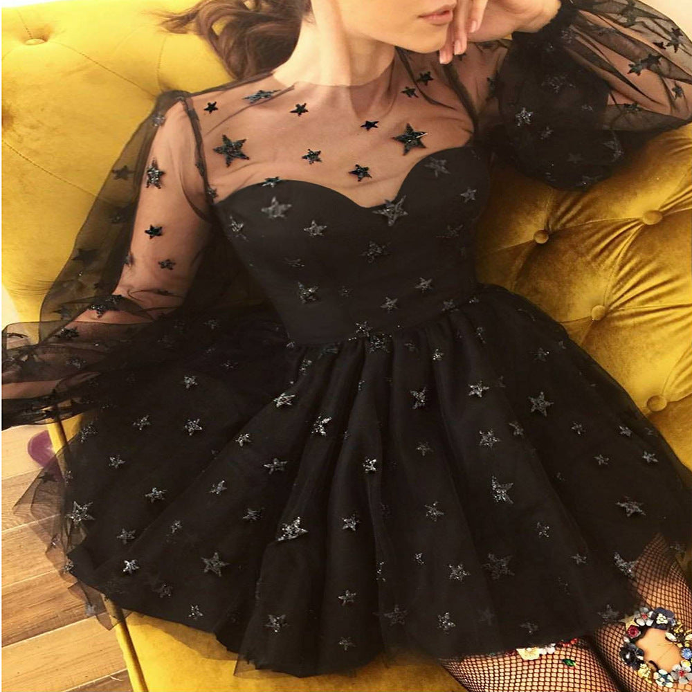 Damen Festliches Cocktailkleid mit transparenten Ärmeln und Sternenstickerei WW