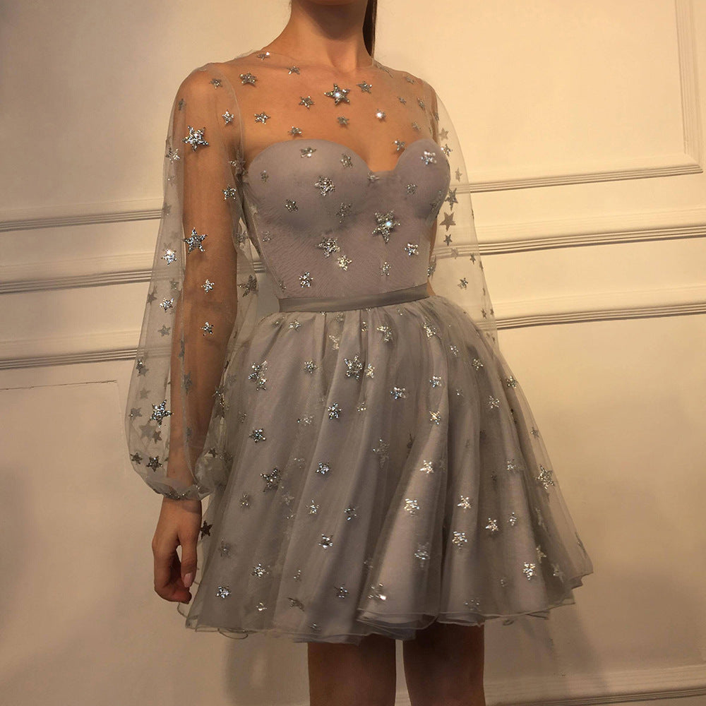 Damen Festliches Cocktailkleid mit transparenten Ärmeln und Sternenstickerei WW