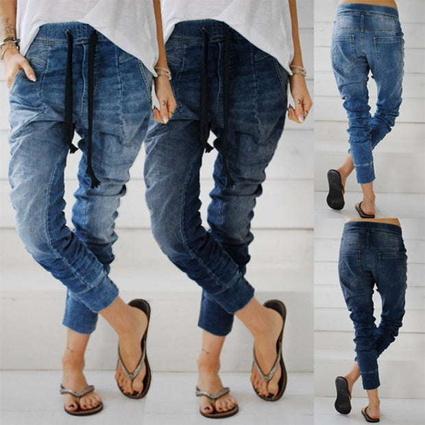 Damen bequeme Denim-Haremshose mit elastischem Bund und lässigem Schnitt WW