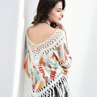 Damen lässiger Strandponcho mit fransigen Details und trendigem Muster WW