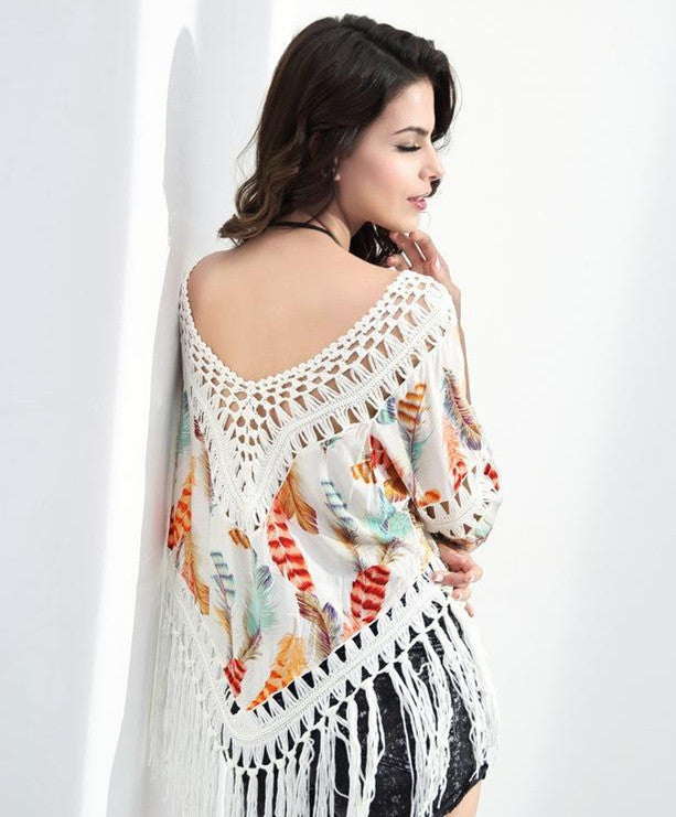 Damen lässiger Strandponcho mit fransigen Details und trendigem Muster WW