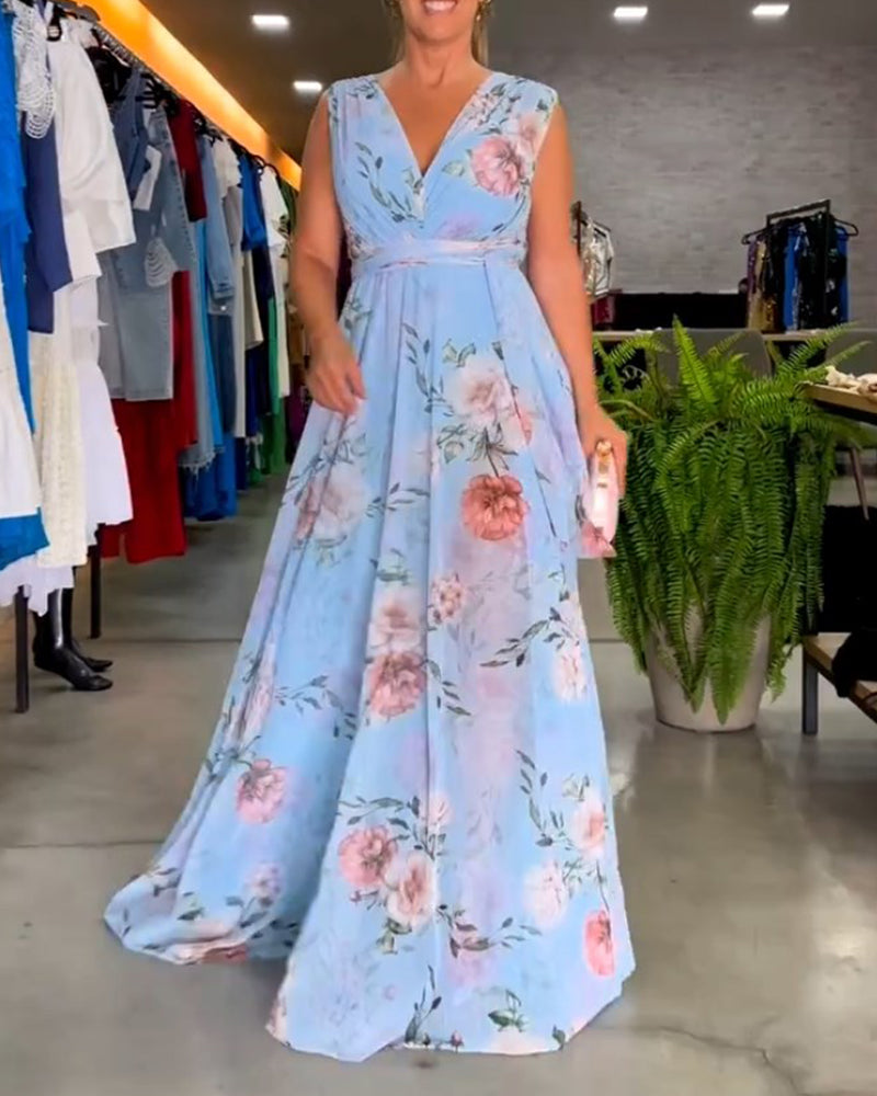 WW | Elegantes Ärmelloses V-Ausschnitt Floral Druck Kleid