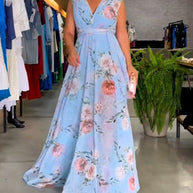WW | Elegantes Ärmelloses V-Ausschnitt Floral Druck Kleid