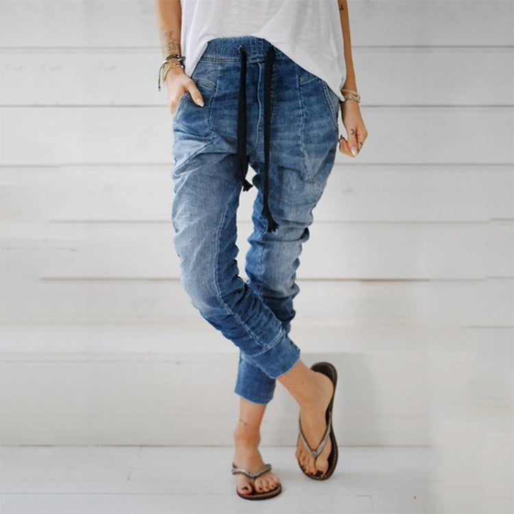 Damen bequeme Denim-Haremshose mit elastischem Bund und lässigem Schnitt WW