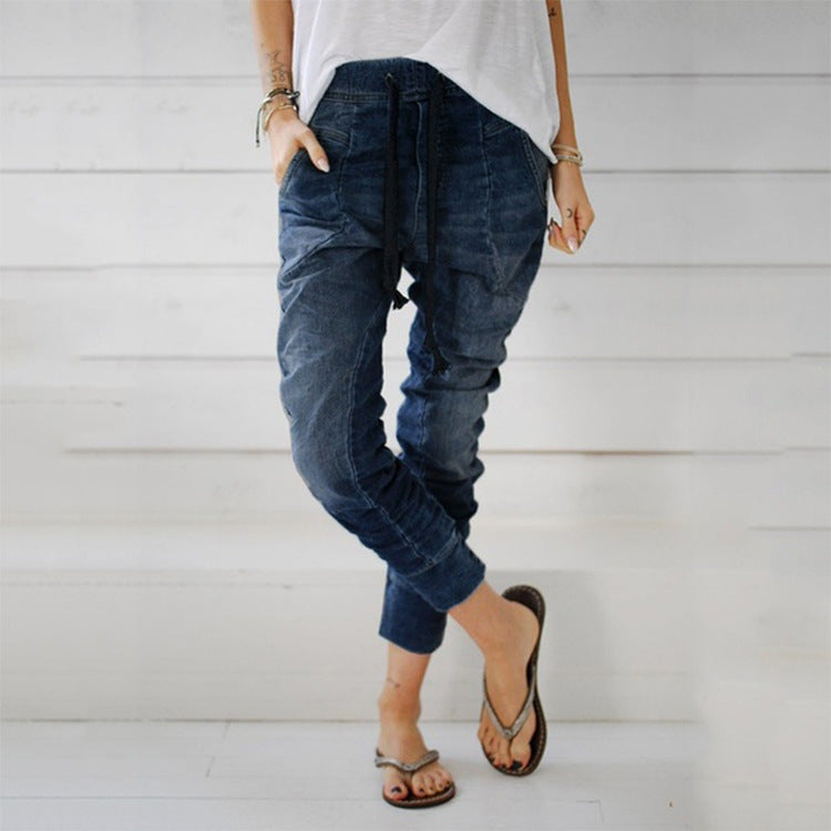 Damen bequeme Denim-Haremshose mit elastischem Bund und lässigem Schnitt WW