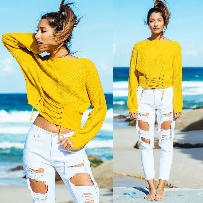 Damen Strickpullover mit schnüren und weitem Schnitt WW