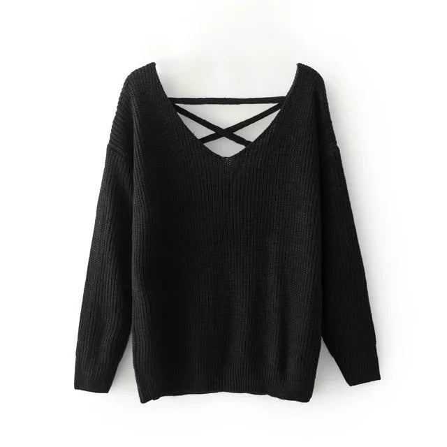 Damen Strickpullover mit tiefem V-Ausschnitt und dekorativem Rückendesign WW