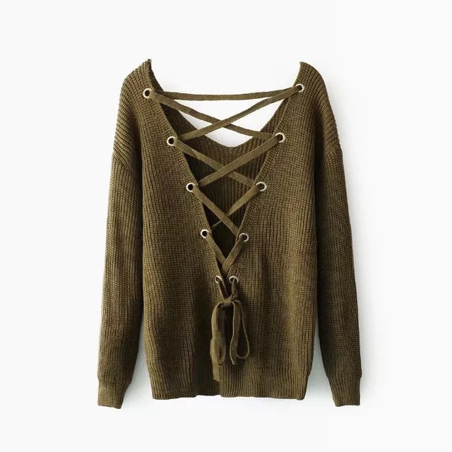Damen Strickpullover mit tiefem V-Ausschnitt und dekorativem Rückendesign WW