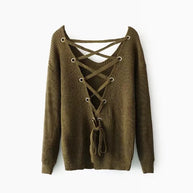 Damen Strickpullover mit tiefem V-Ausschnitt und dekorativem Rückendesign WW