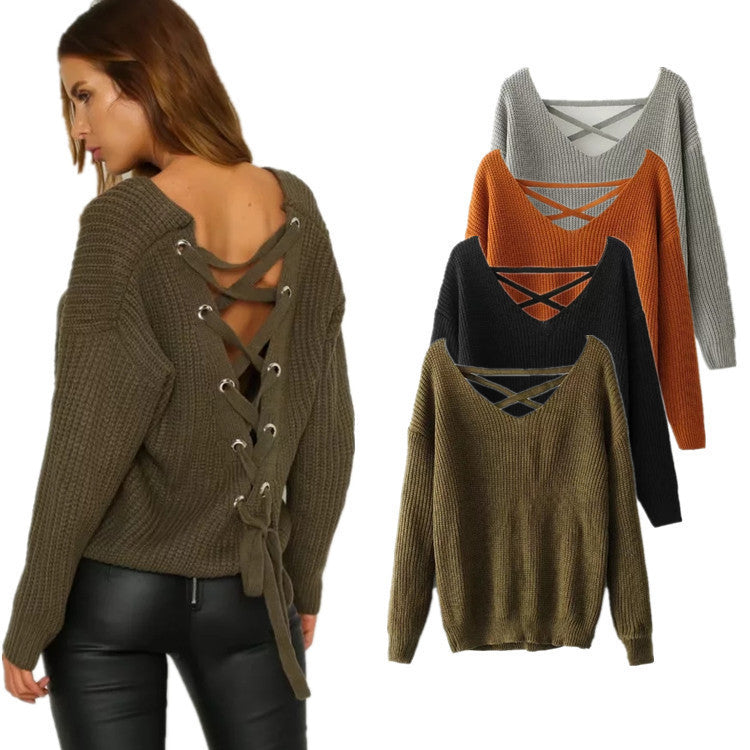 Damen Strickpullover mit tiefem V-Ausschnitt und dekorativem Rückendesign WW