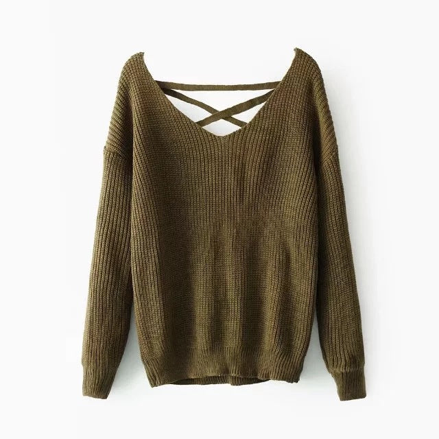 Damen Strickpullover mit tiefem V-Ausschnitt und dekorativem Rückendesign WW