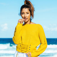 Damen Strickpullover mit schnüren und weitem Schnitt WW