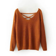 Damen Strickpullover mit tiefem V-Ausschnitt und dekorativem Rückendesign WW