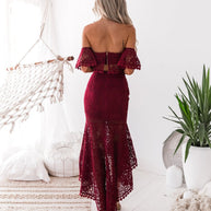 WW | Spitze Off-Shoulder Crop Top Hoch Niedrig Rock 2-teiliges Set