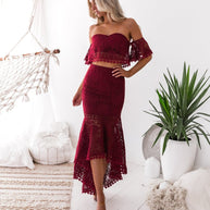 WW | Spitze Off-Shoulder Crop Top Hoch Niedrig Rock 2-teiliges Set