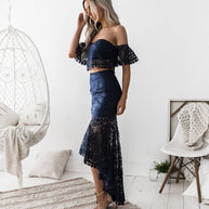 WW | Spitze Off-Shoulder Crop Top Hoch Niedrig Rock 2-teiliges Set