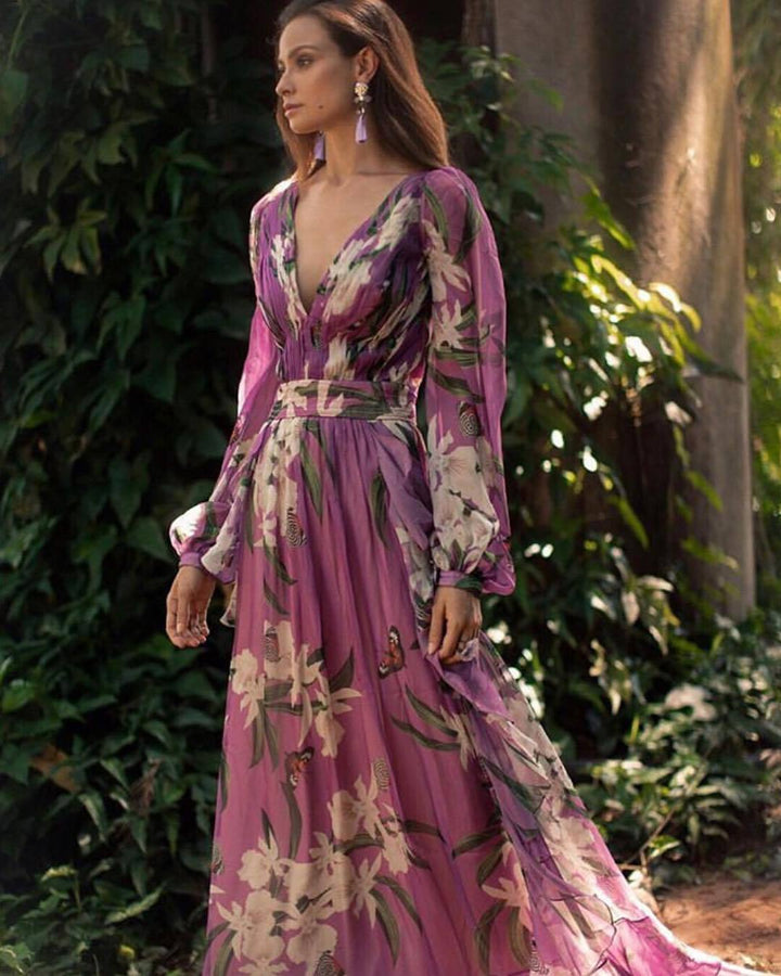 W&W Mode | 3/4 Arm V-Ausschnitt Maxikleid für Eleganz