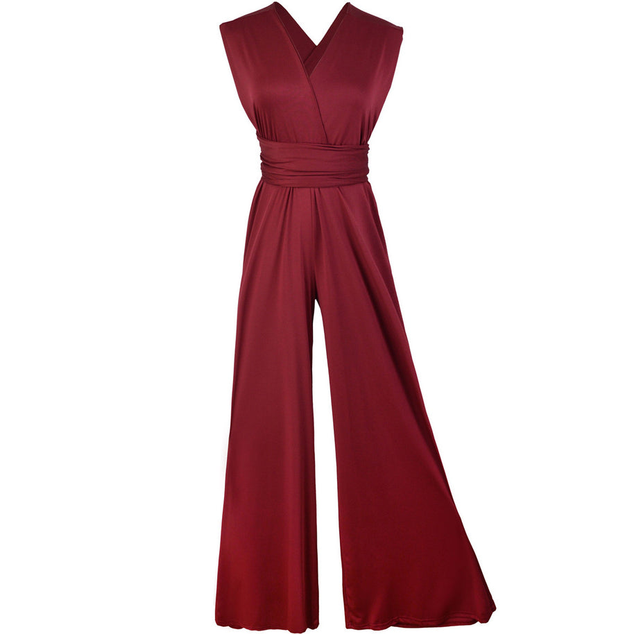 Damen eleganter Jumpsuit mit tiefem V-Ausschnitt und innovativer Wickeloptik WW