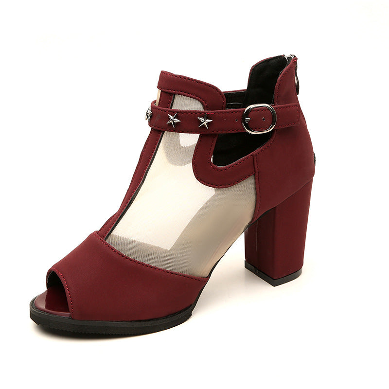 Damen elegante Offene High-Heels mit Mesh-Einsätzen und dekorativen Sternen WW