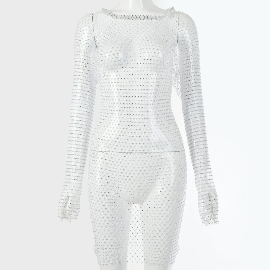 Damen glitzernder Netz-Bodysuit mit langen Ärmeln und figurbetontem Schnitt W&W