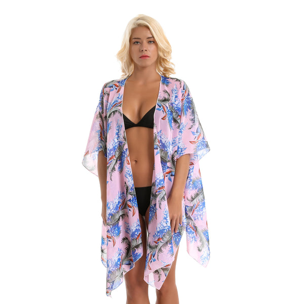 Damen eleganter Strandkaftan mit exotischem Blumenmuster und fließendem Schnitt WW