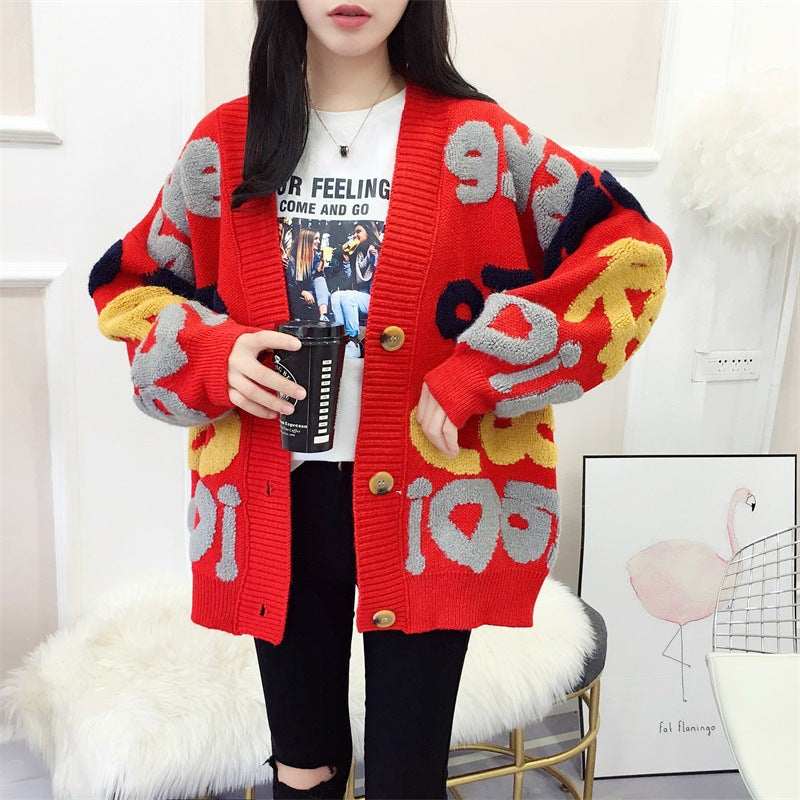 Damen Strickjacke mit buntem Design und großen Knöpfen WW