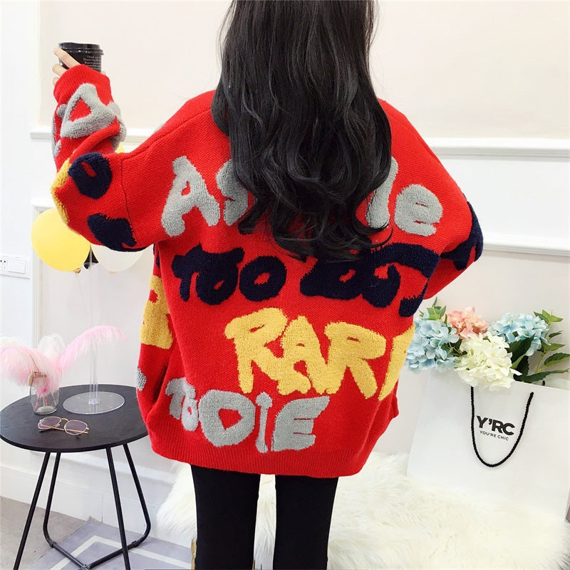 Damen Strickjacke mit buntem Design und großen Knöpfen WW