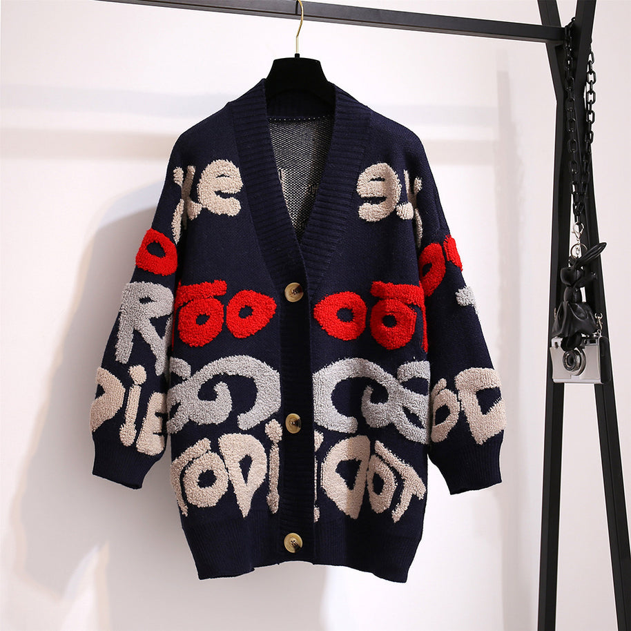 Damen Strickjacke mit buntem Design und großen Knöpfen WW