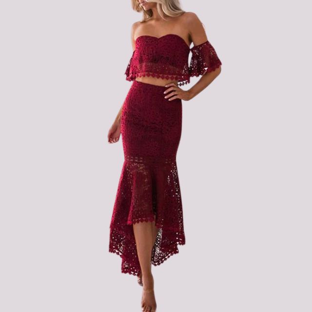 WW | Zweiteiliges Kleid mit Schulterfreier Häkelspitze