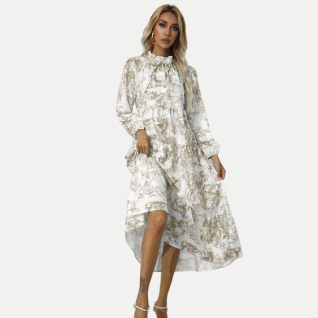 W&W Mode | Toile-Druck Midi-Kleid mit hohem Kragen