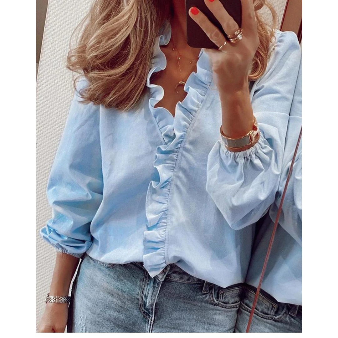 W&W Mode | Chiffon lila Blumenmuster V-Ausschnitt Damenhemd
