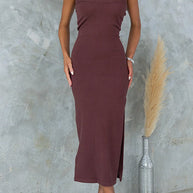 WW | Strapless Tube Schlitz Rippenstrick Midi Kleid