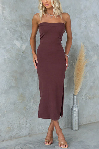 WW | Strapless Tube Schlitz Rippenstrick Midi Kleid