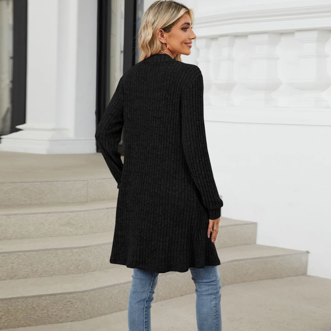 WW | Lange Strickjacken Damen Gerippte Offene Vorderseite Jacke mit Taschen