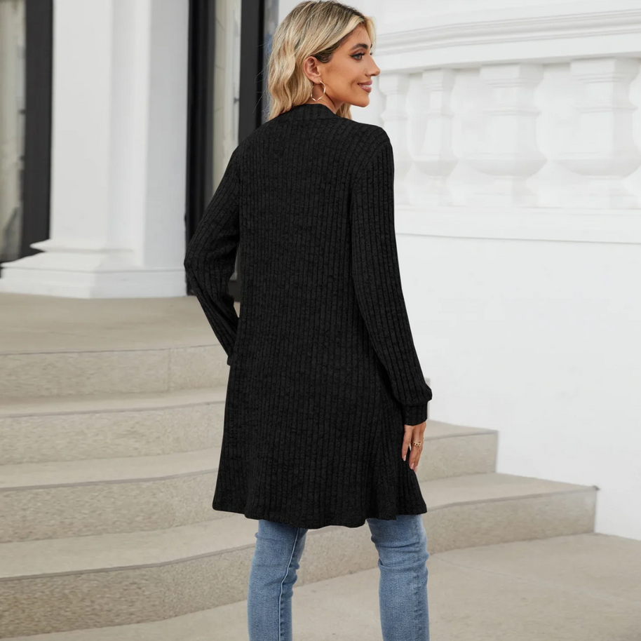 WW | Lange Strickjacken Damen Gerippte Offene Vorderseite Jacke mit Taschen