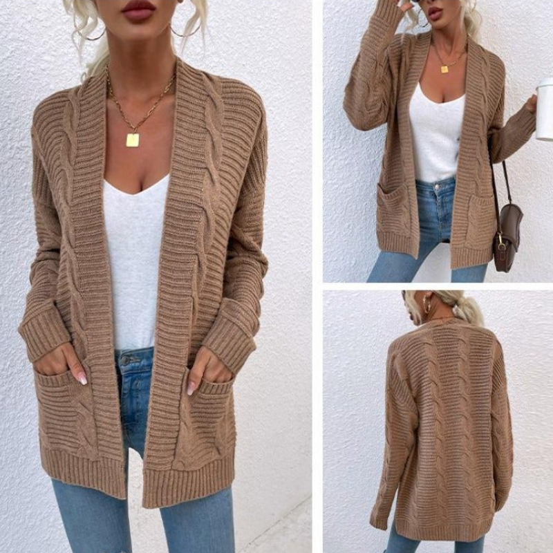 WW | Damen Strickjacke Mit Zopfmuster, Offenes Design, Lässig Und Bequem