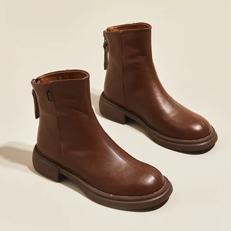 Damen Leder-Ankle-Boots mit rückseitigem Reißverschluss und niedrigem Absatz