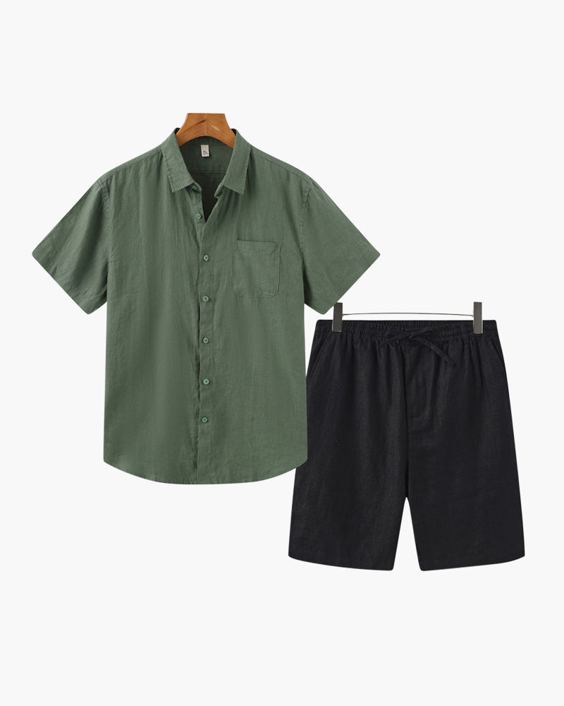 WW | 2 Teiliges Herren Sommer Leinen Satz Mit Kurzarmhemd & Shorts