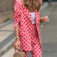 WW | Rosiedress Geometrischer Druck Revers Doppelt Knopf Blazer und Flare-Hosen Set
