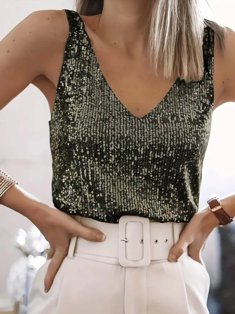 WW | Damen Glitter Pailletten V-Ausschnitt Top Ärmelloses Shirt Top Für Frauen