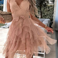 WW | Damen Kleider V-Ausschnitt Spitze Mesh Unregelmäßiges Kleid