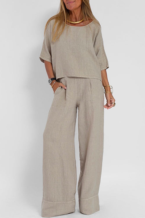 W&W Mode | Rosiedress Rundhals 3/4 Ärmel Pullover Weite Beinhosen Baumwolle Leinen Set