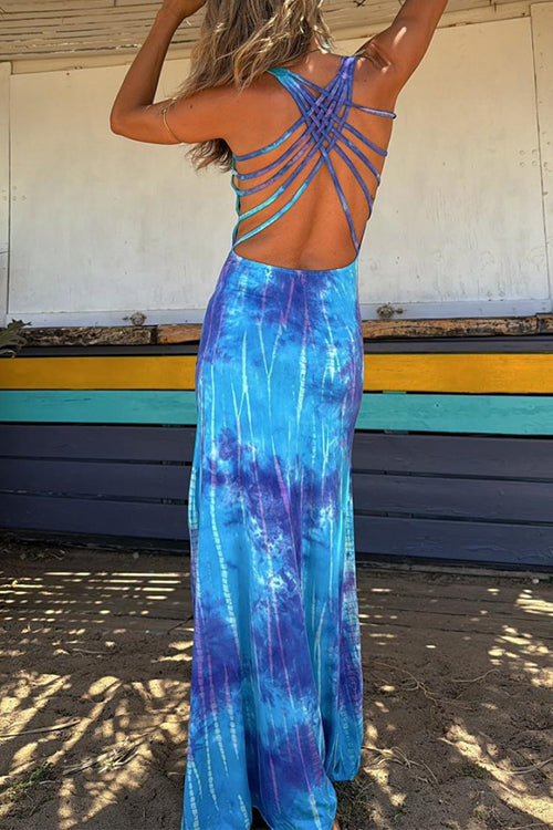 WW | Scoop Neck Rückenfreies Criss Cross Tie Dye Maxikleid