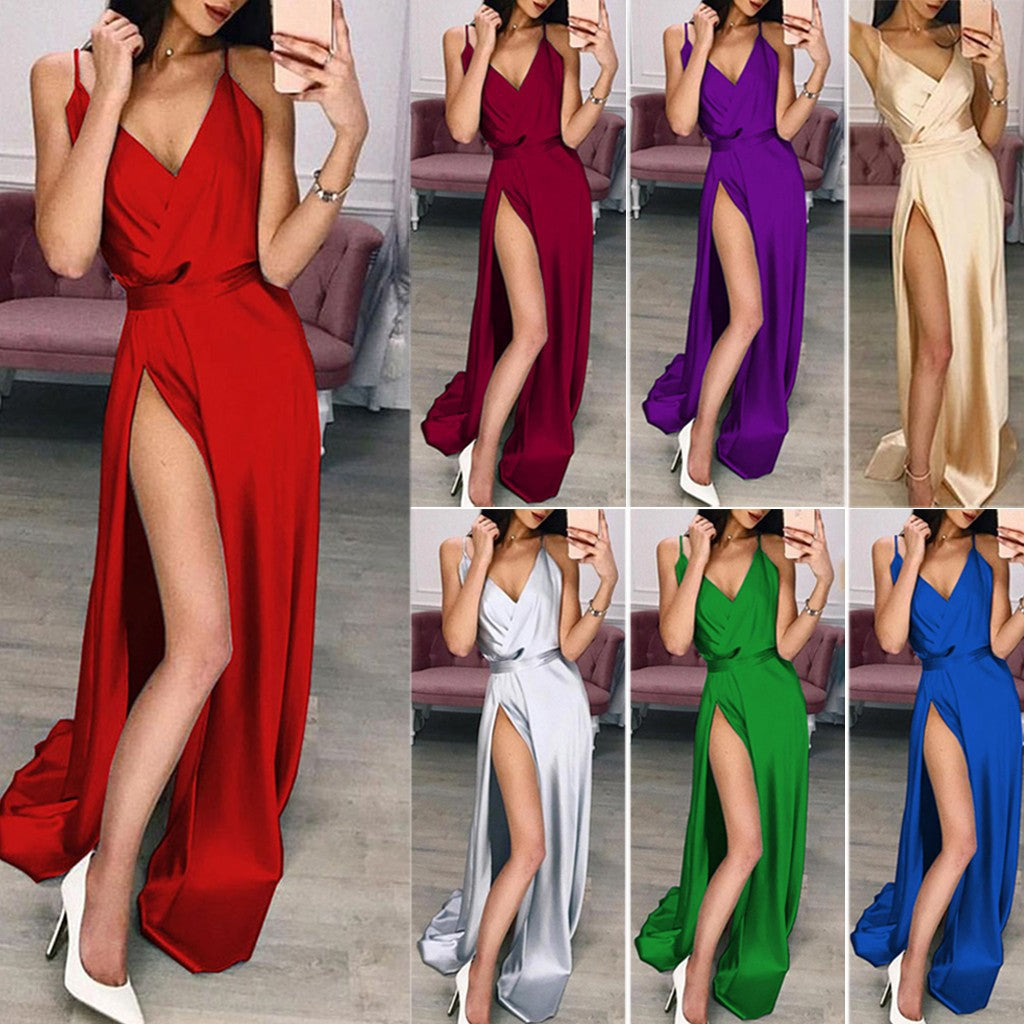 Damen Elegantes Satin Abendkleid mit hohem Schlitz WW