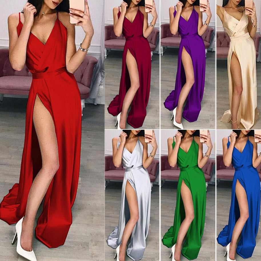 Damen Elegantes Satin Abendkleid mit hohem Schlitz WW