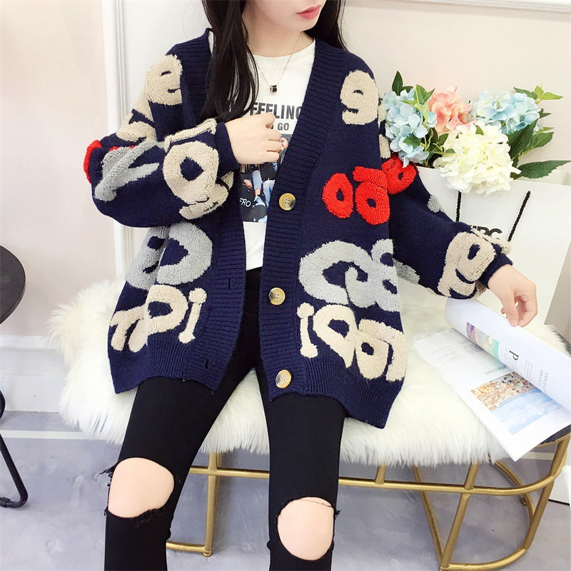 Damen Strickjacke mit buntem grafischen Design und gemütlichen Knöpfen WW