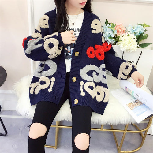 Damen Strickjacke mit buntem grafischen Design und gemütlichen Knöpfen WW